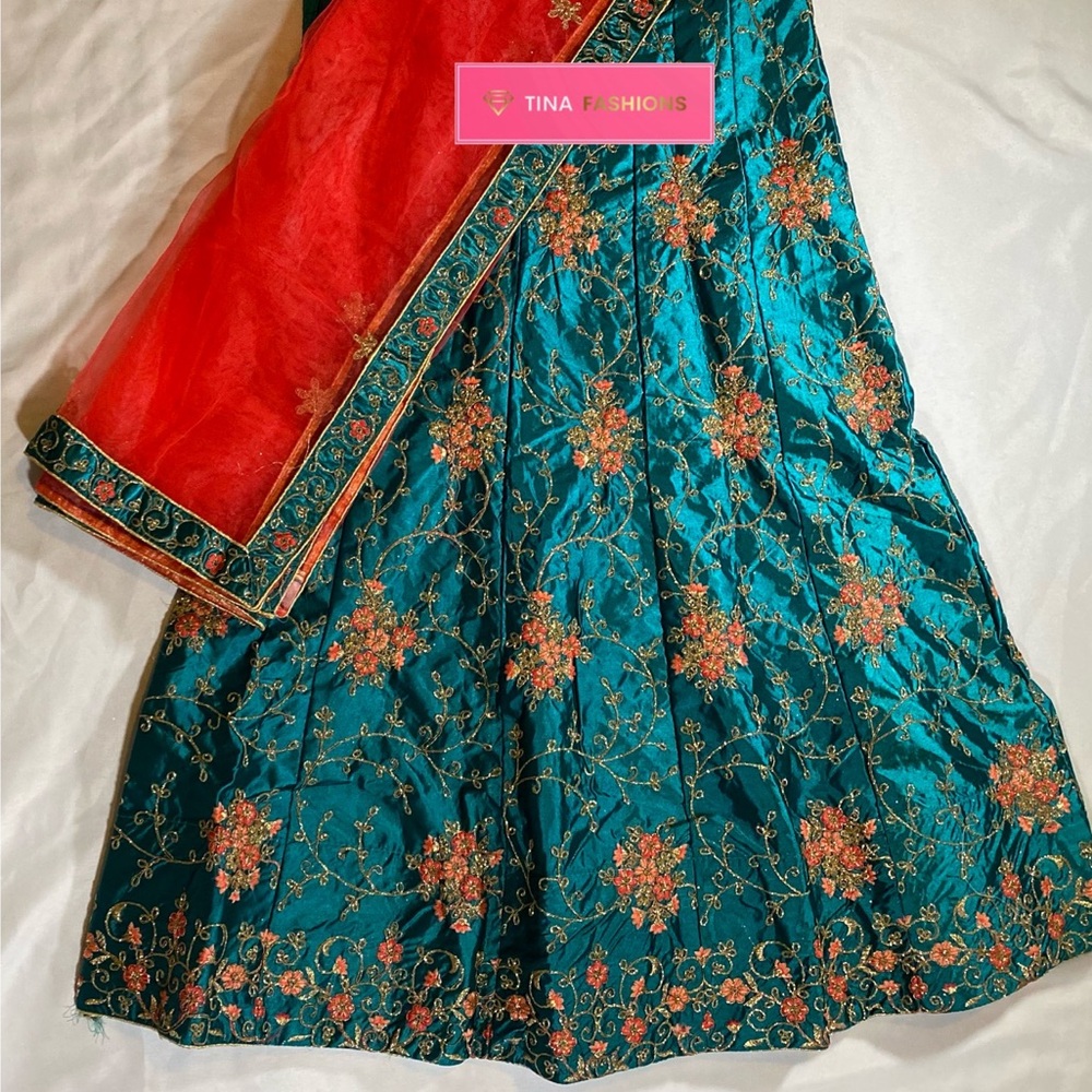 Unstitched - Lehenga - Green/ Pink /Gold